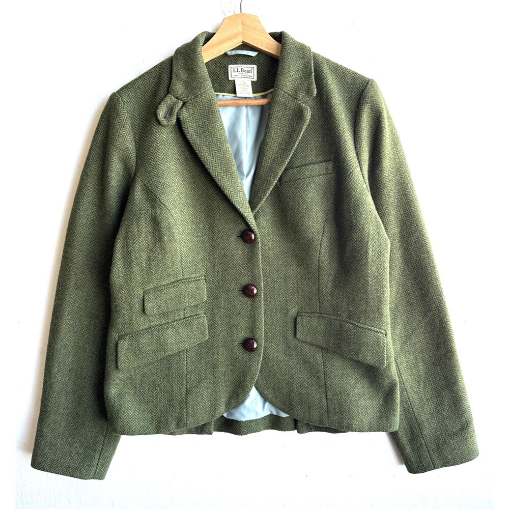 L.L. Bean Women’s 10R Green Herringbone Tweed Blazer Jacket Equestrian Pockets